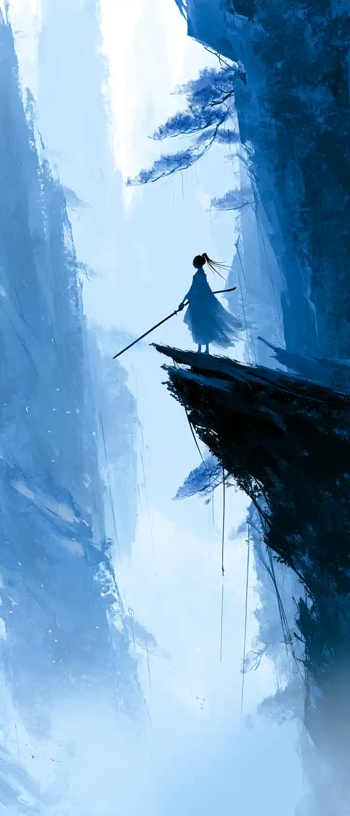 Anime swordswoman balancing on pine branch above misty gorge