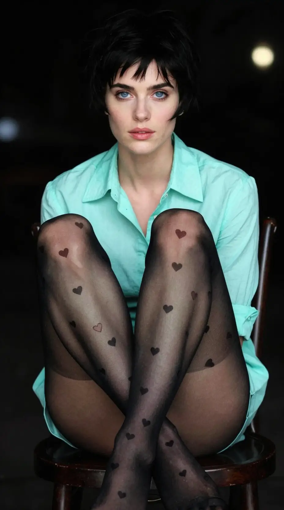 Portrait en contre-plongée d’une femme en chemise menthe sur une chaise