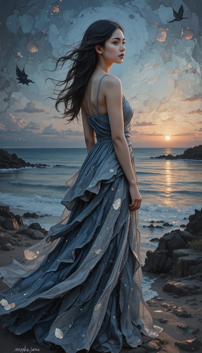 Woman in flowing gown at serene twilight shoreline