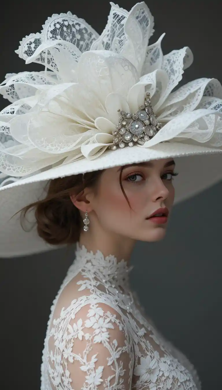 Elegante cappello bianco a tesa larga con volant in pizzo argento