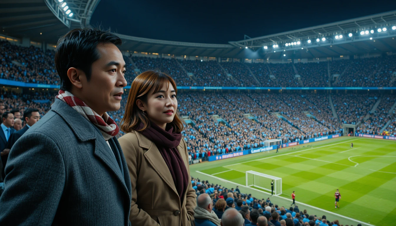 Tre tifosi in uno stadio di calcio gremito di notte