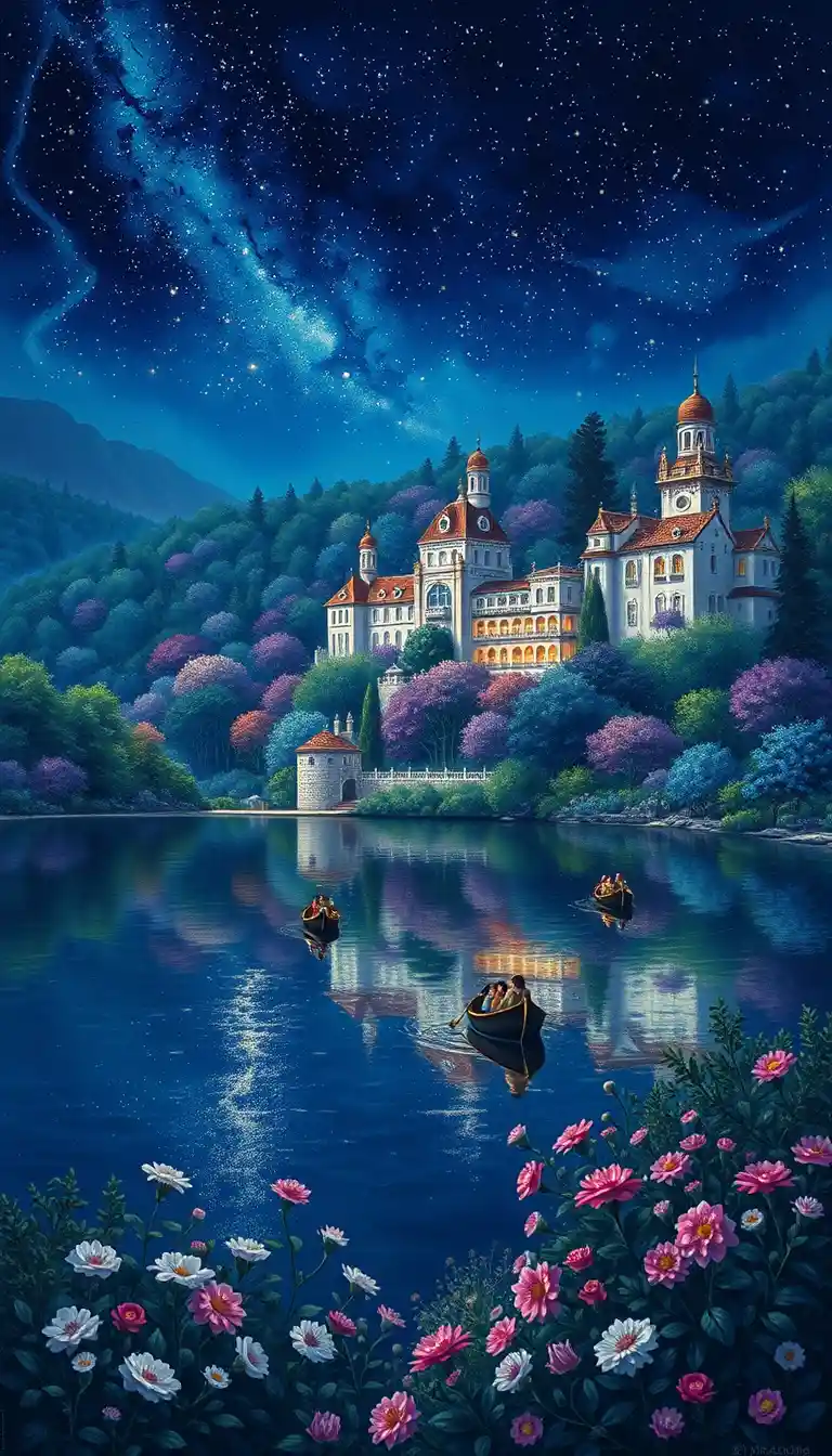 Dreamlike night lake with palatial buildings and forest