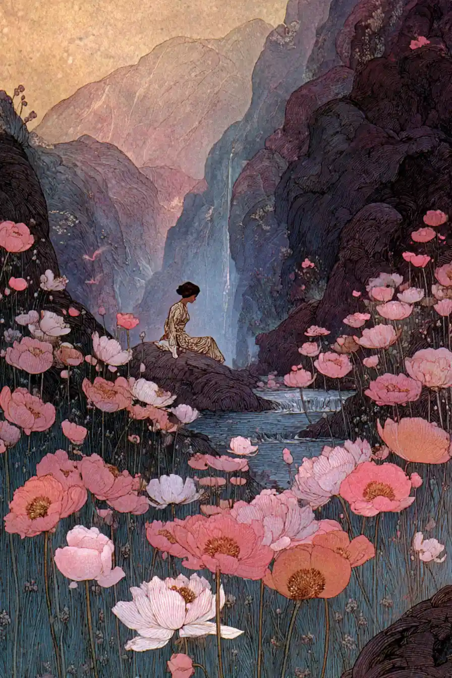 Elder bohemian woman sitting in a lotus flower