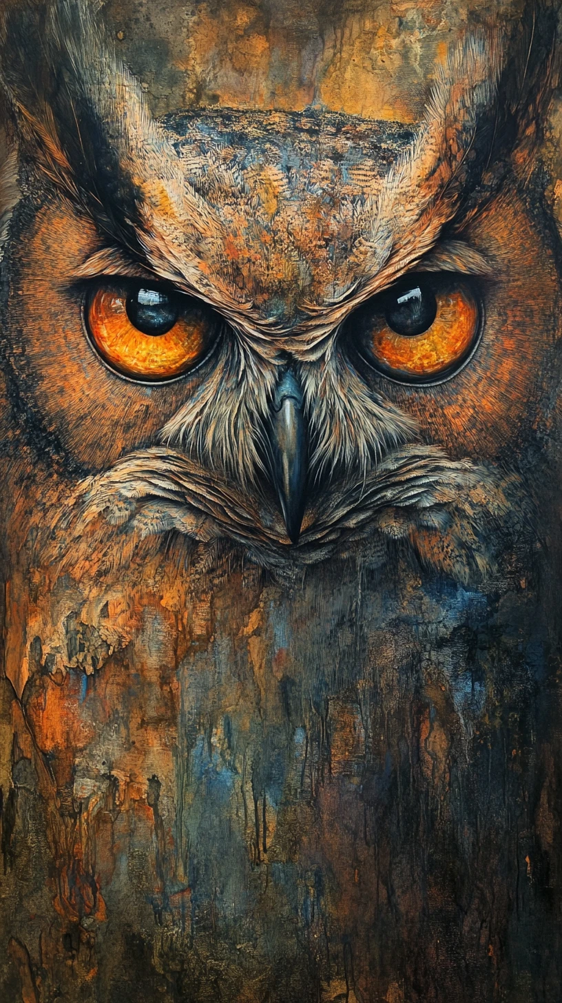 Abstrakte Eule mit großen reflektierenden Augen in Mixed-Media-Gemälde