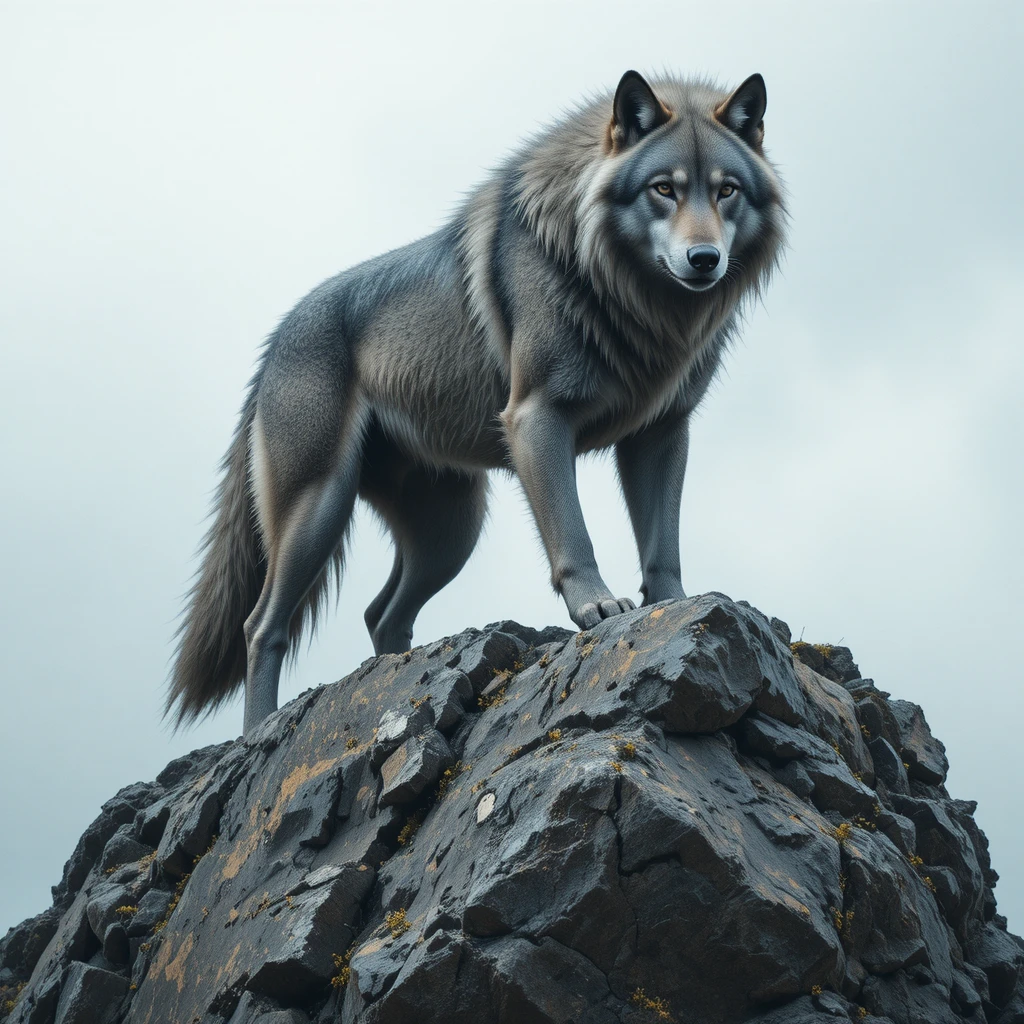 Loup alpha debout fièrement sur un rocher escarpé