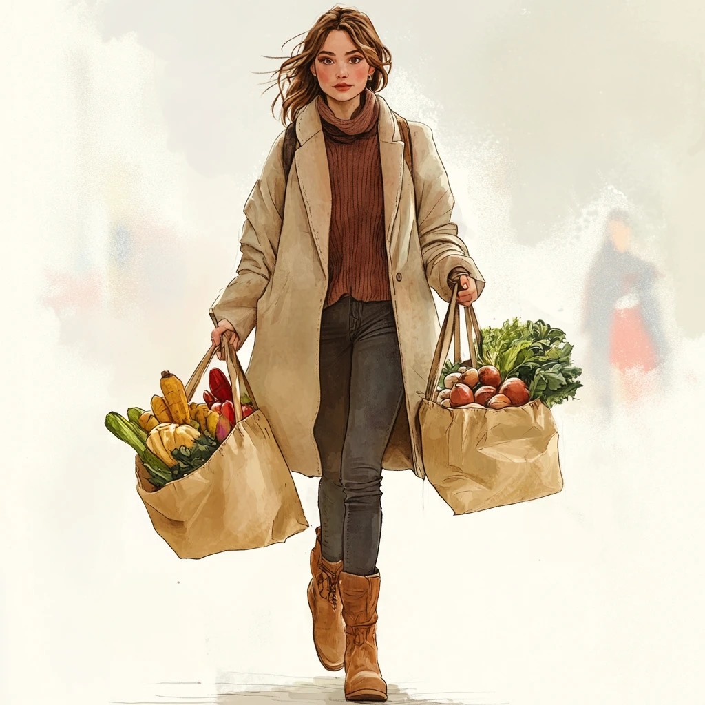 Mujer cansada cargando compras en una concurrida calle de la ciudad