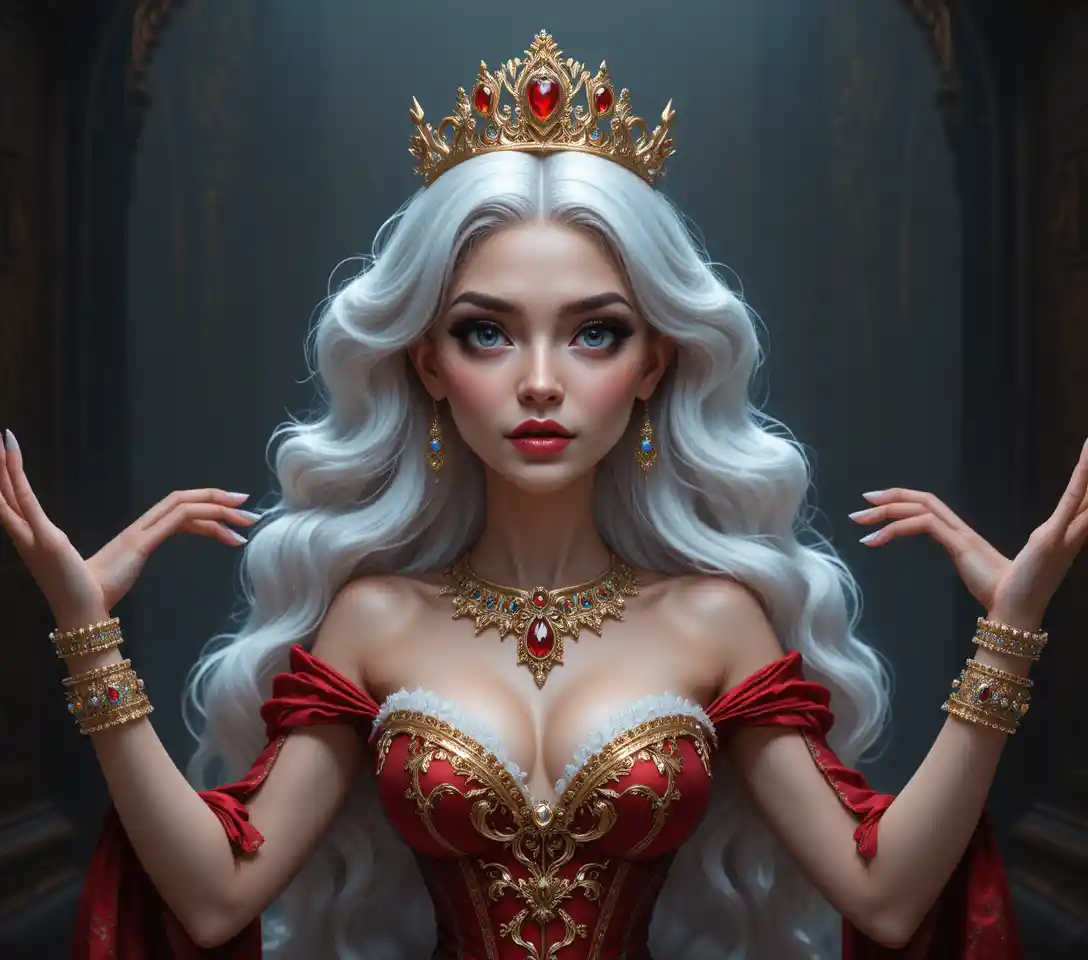 Majestätische Fantasy-Königin in rotem Kleid mit silbernem Haar