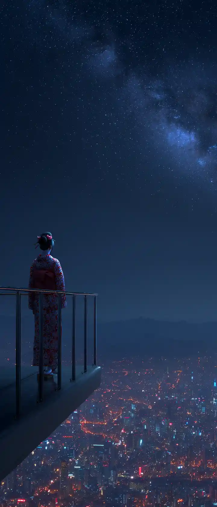 Geisha cyber che danza su un ponte di vetro futuristico nel cielo