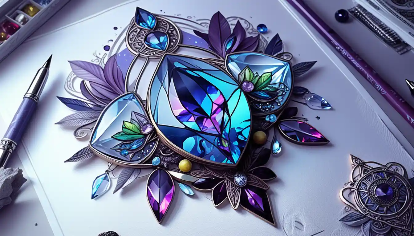 Mystical gemstone jewelry tattoo illustration with neon crystals