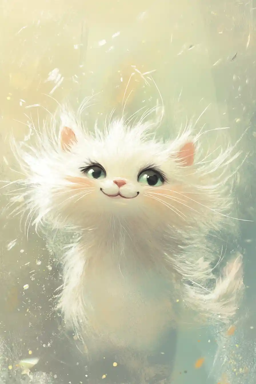 Whimsical fluffy cat with bright playful eyes