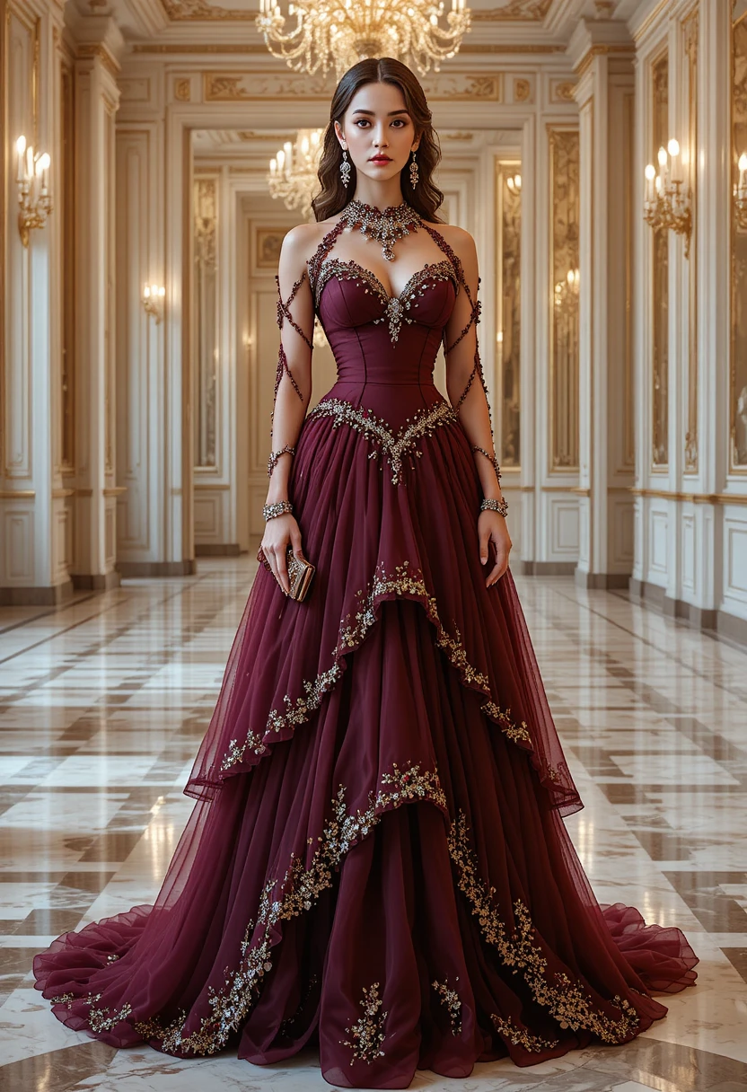 Elegant woman in burgundy gown in opulent ballroom