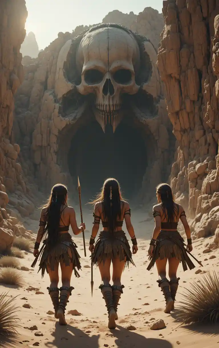 Tribal warrior women charge toward ominous skull cave entrance