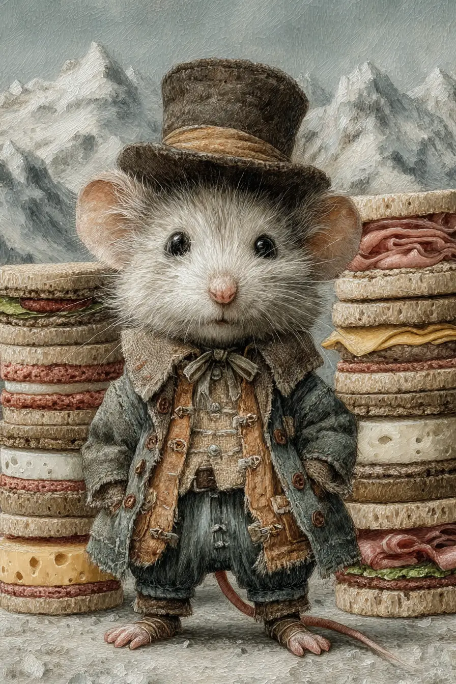 Whimsical mouse in top hat among mountains of cold cuts