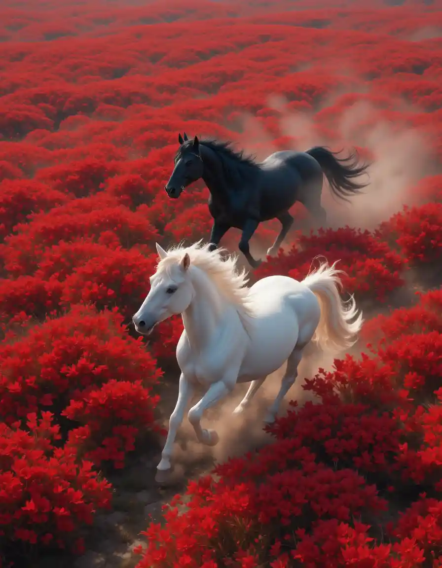 Aerial view of horses running across red flowered grassland