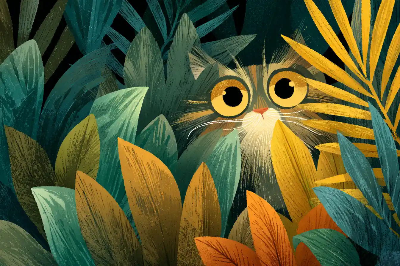 Flauschige Katze, die durch üppiges Dschungellaub lugt – Illustration