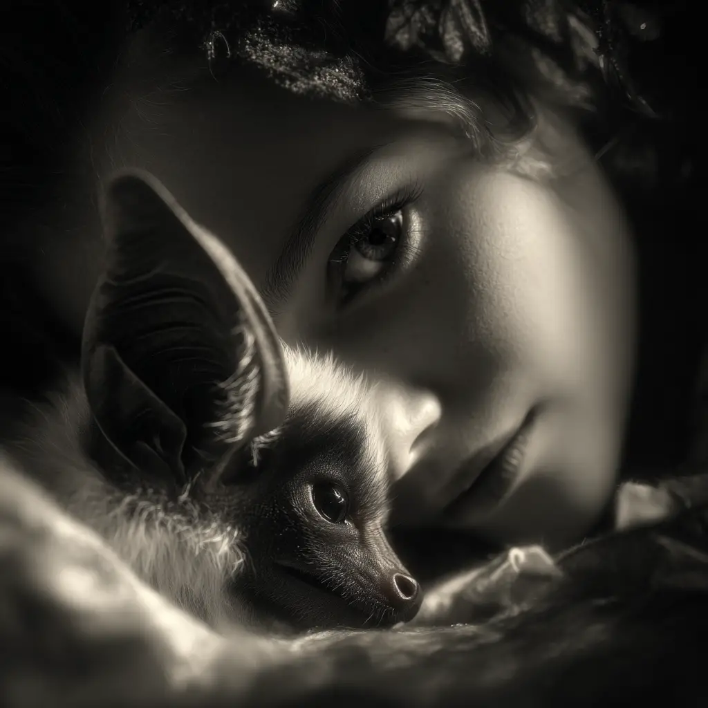Cinematic portrait of two cuddling white and black bats