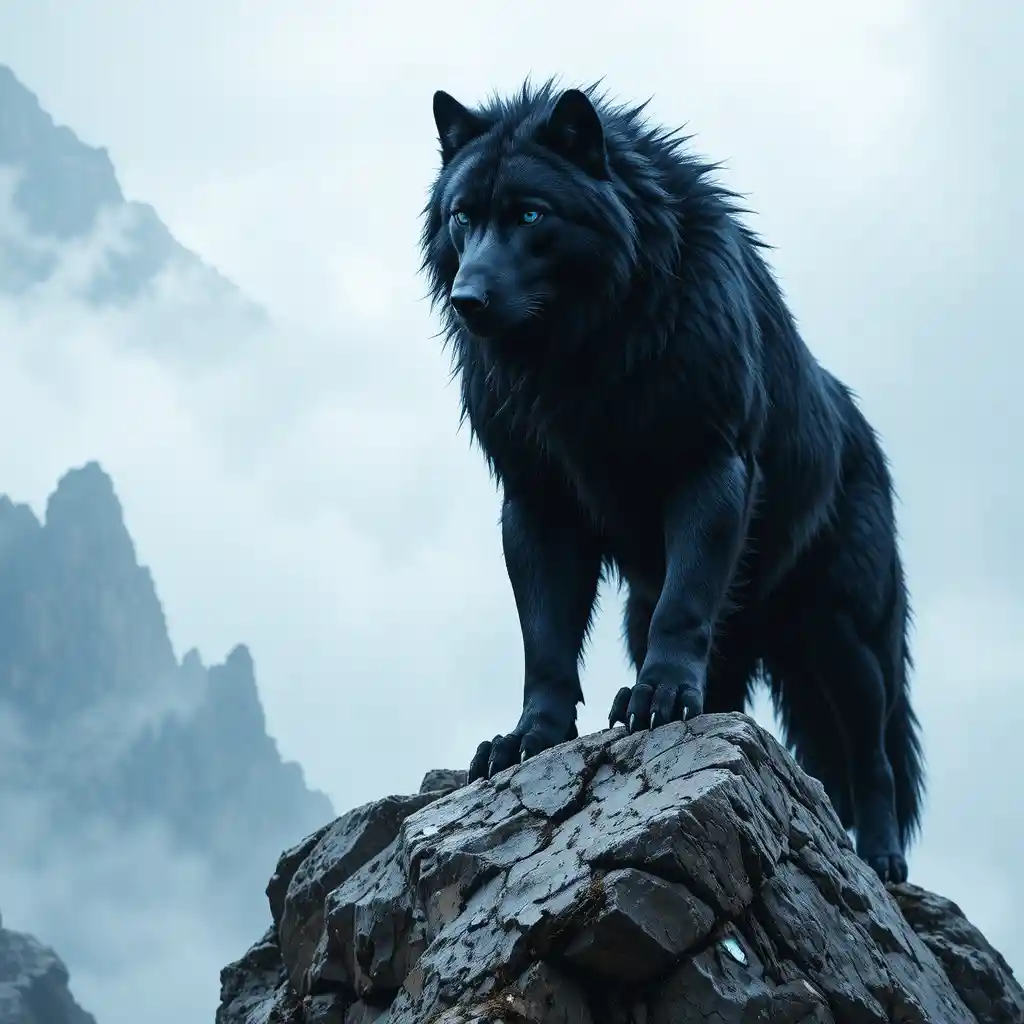 Black fur wolf with sea foam eyes on jagged rock