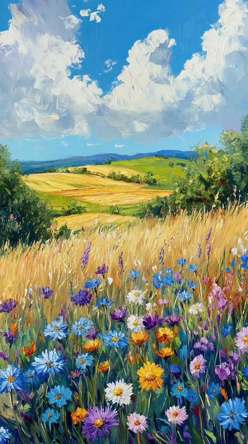Impressionist wildflower field with wheat and rolling hills