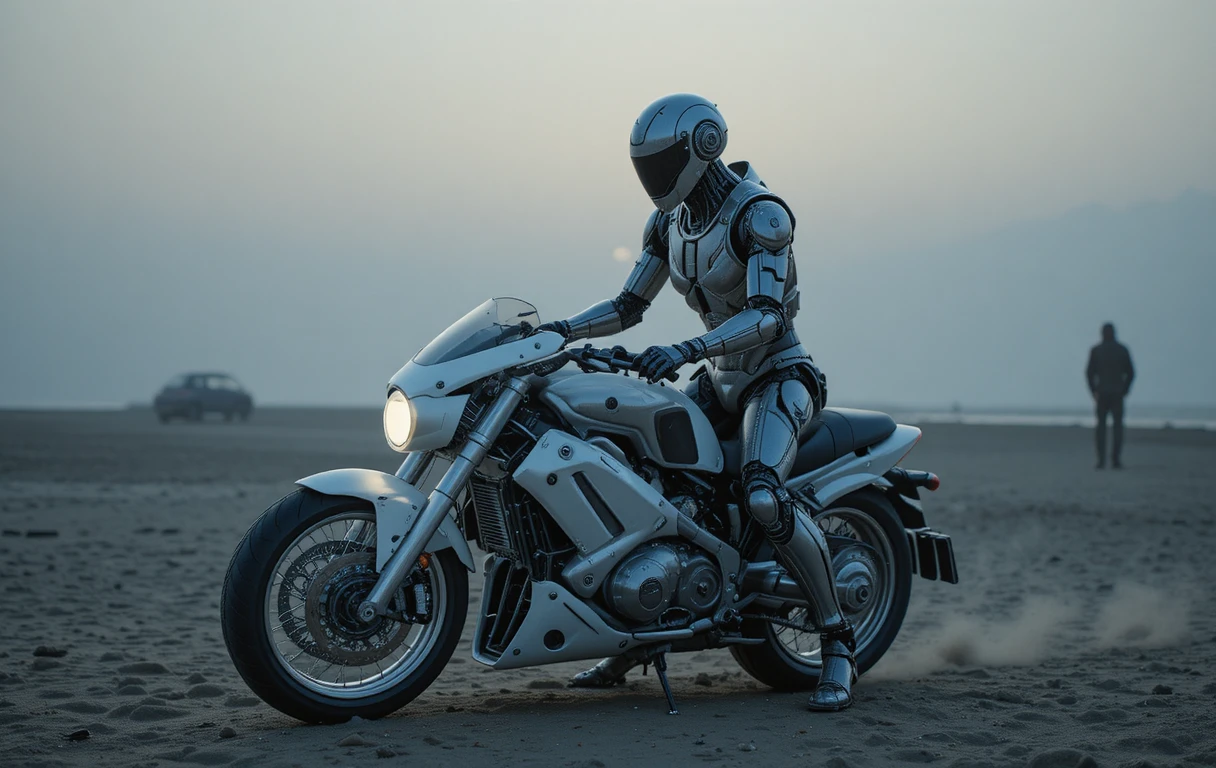 霧の夜明けのビーチで発光するバイクに乗る未来的ロボット