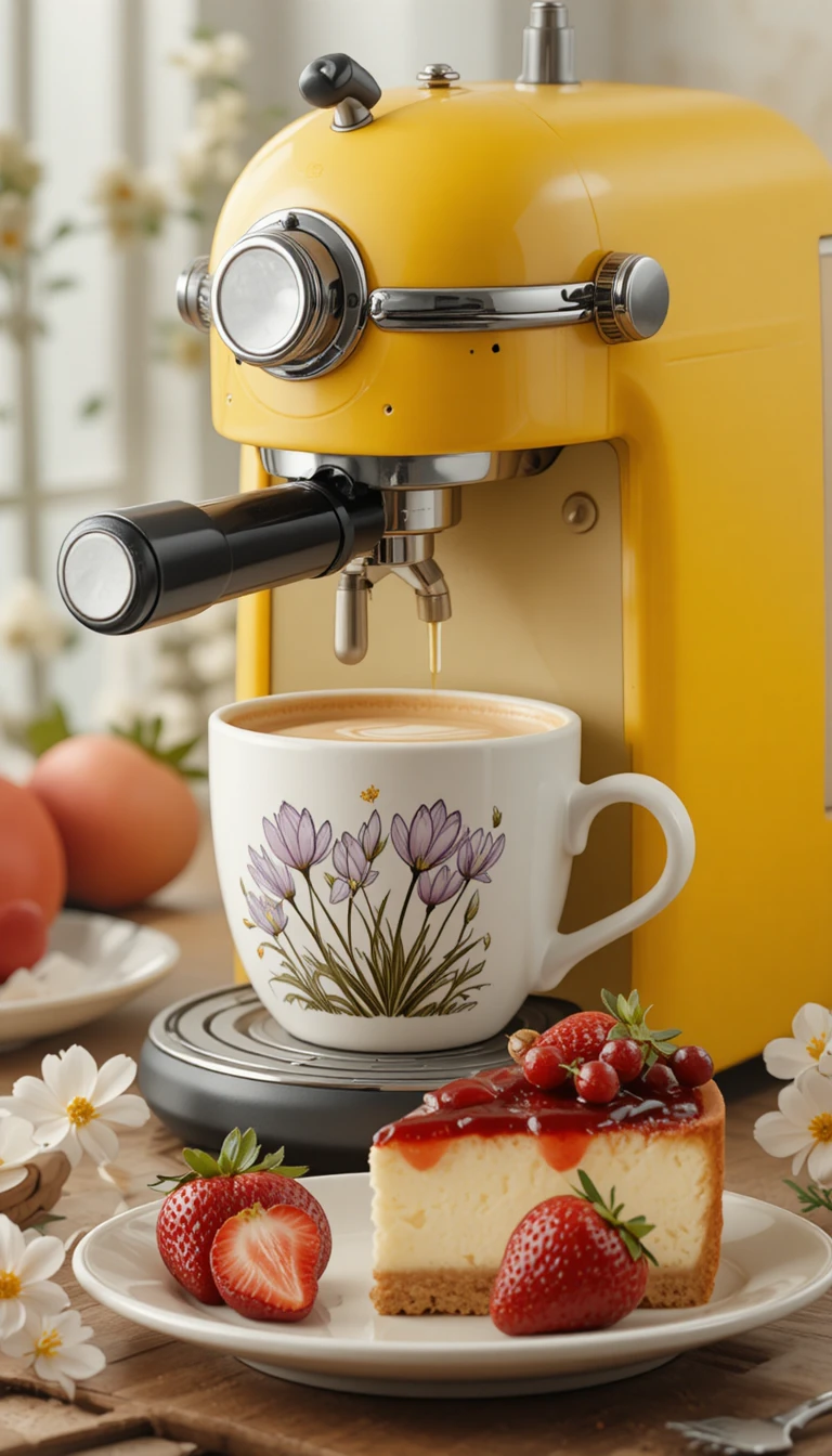 Macchina da caffè gialla con latte e dessert di cheesecake