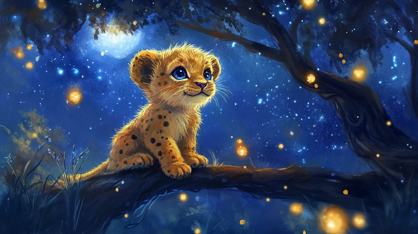Dolce cucciolo di leone su un ramo luminoso sotto un cielo stellato al chiaro di luna