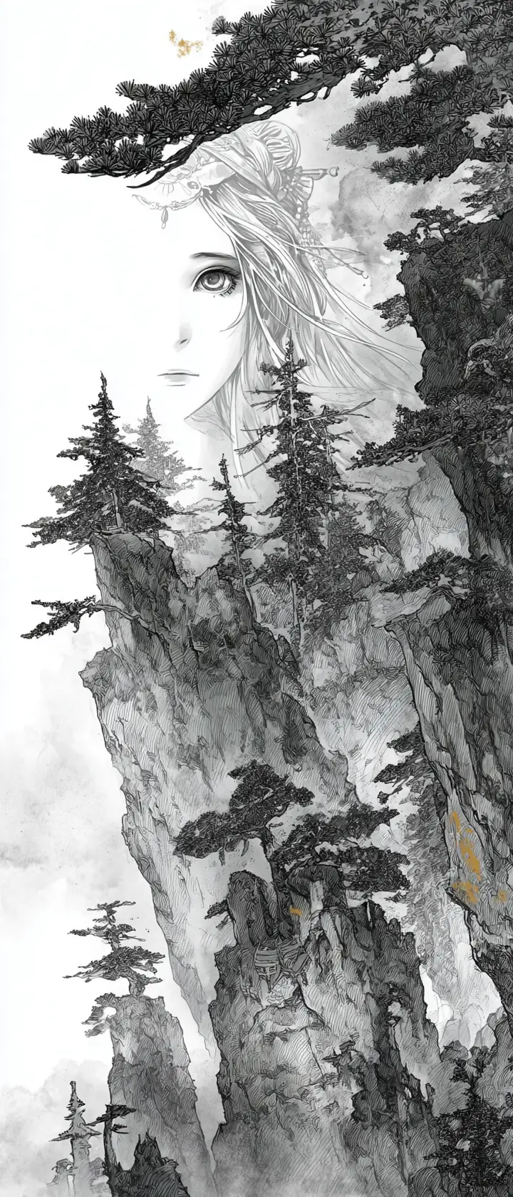 Anime guardian spirit above misty ancient mountain forest
