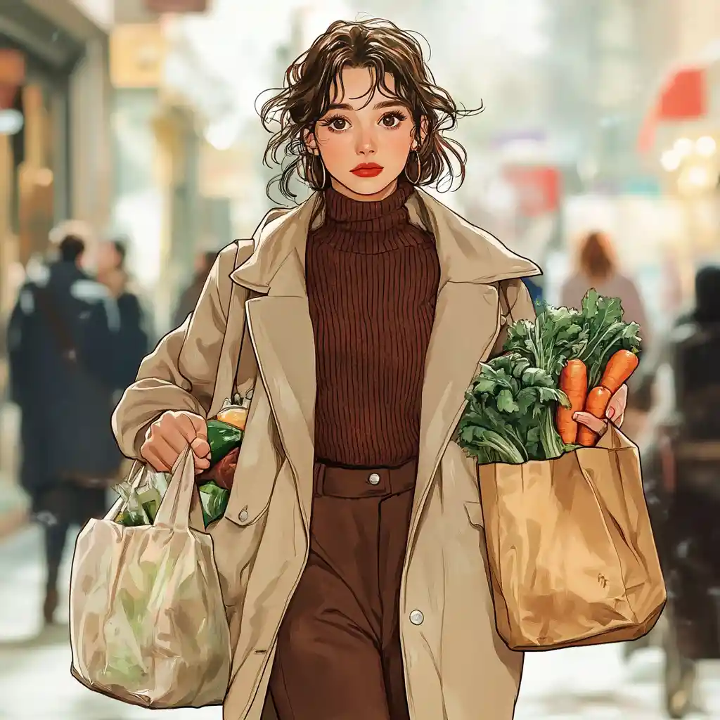 분주한 도심 거리에서 장바구니를 든 피곤한 여성