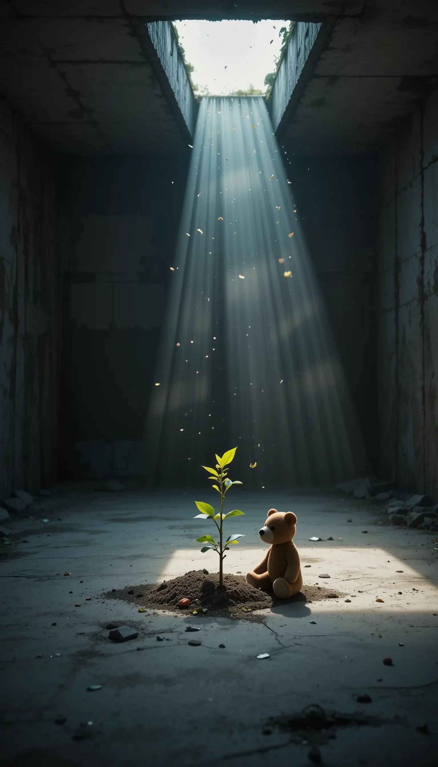 Brote iluminado por el sol y osito de peluche en un sótano abandonado