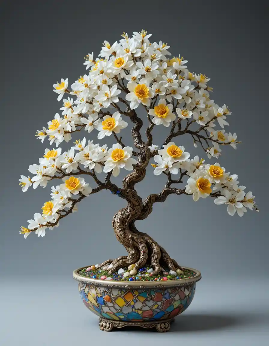Glass bonsai tree with white foliage and golden flowers