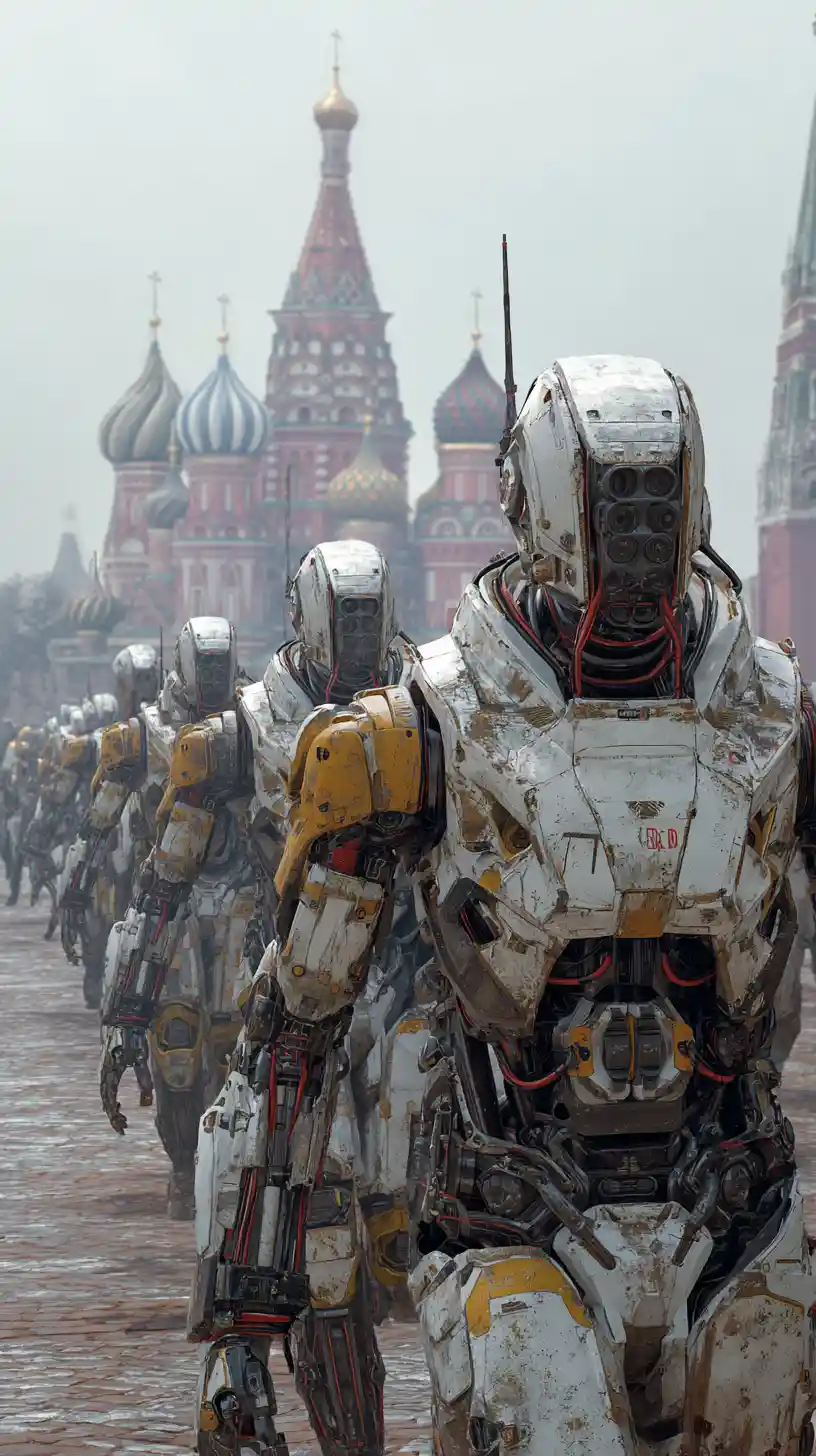Futuristic mecha clash with soldiers in Moscow square