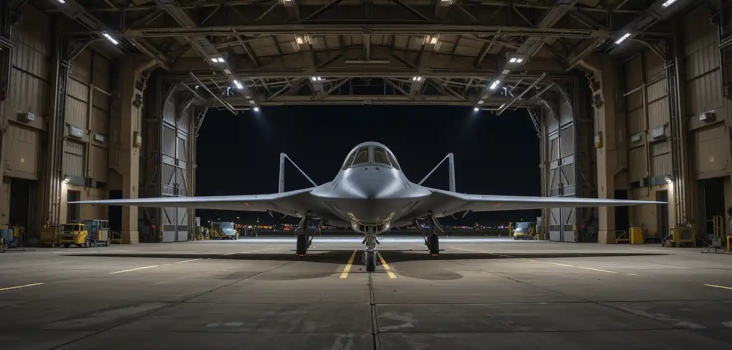 Stealth bomber in a dimly lit military aircraft hangar