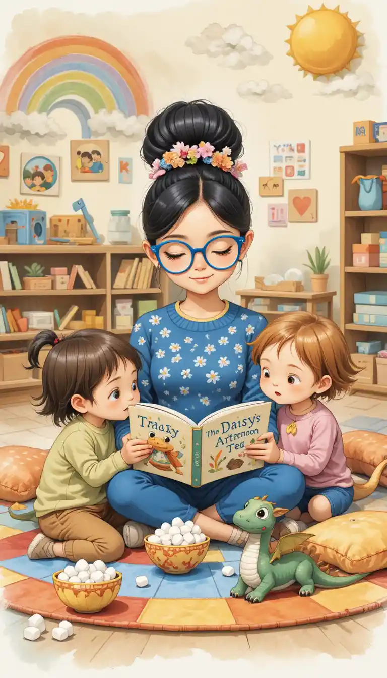 Teacher reading to children in a cozy classroom illustration