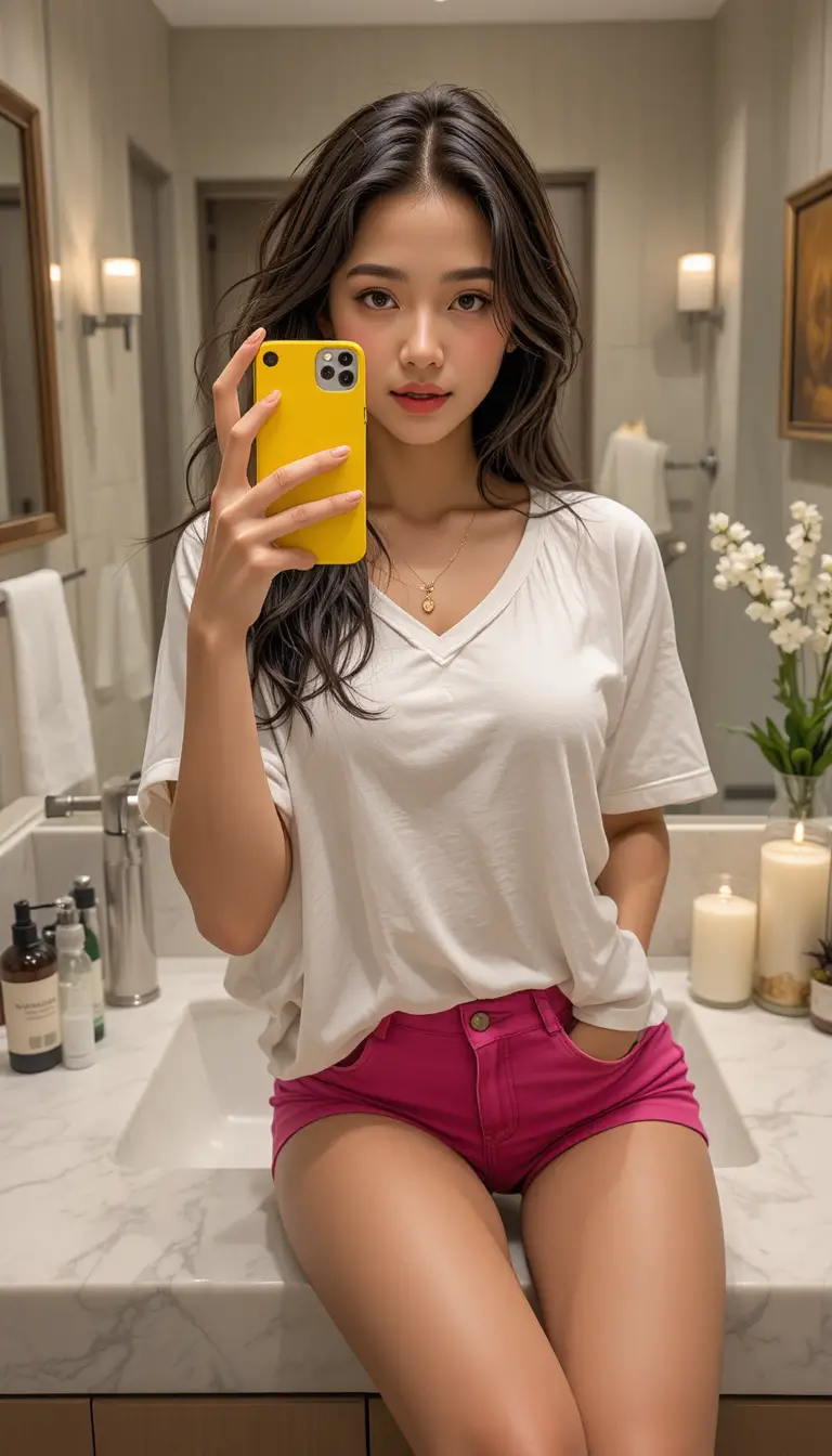 모던한 욕실에서 거울 셀카를 찍는 젊은 여성