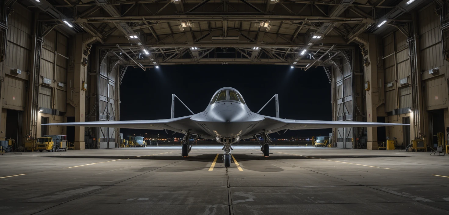 Stealth bomber in a dimly lit military aircraft hangar