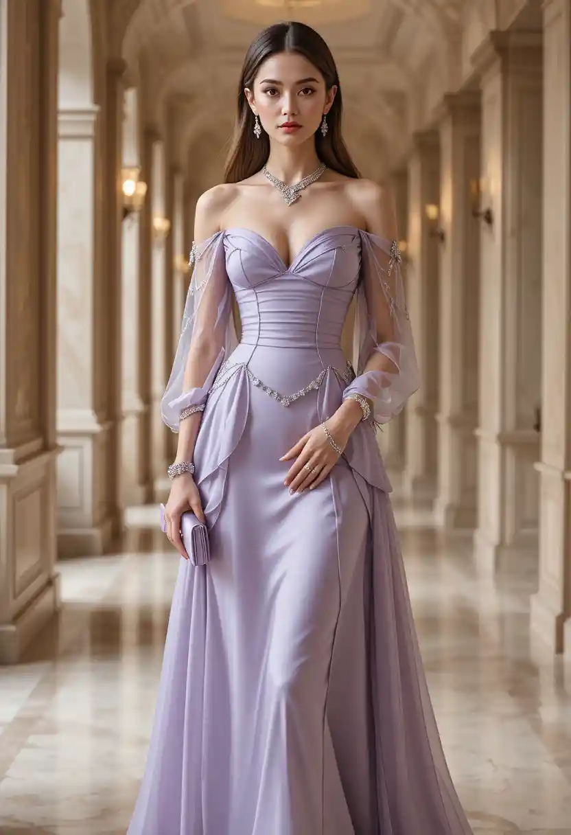Elegant woman in lavender couture in luxury hotel corridor