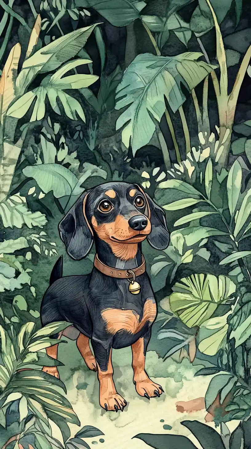 Dachshund walking through a peaceful garden illustration