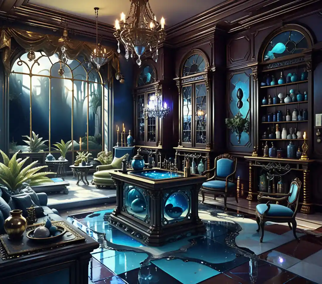 Stylized two story fantasy merchant house interior cutaway