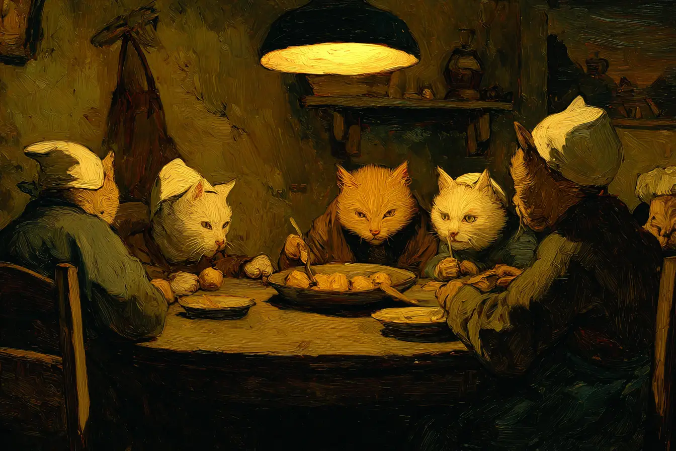 Fluffy Peasant Cats Sharing Potatoes By Lamplight