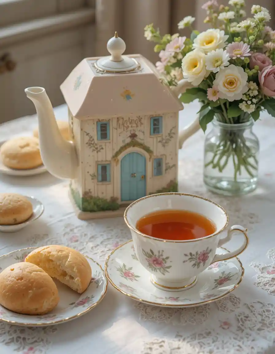 Cozy afternoon tea table with floral china and scones