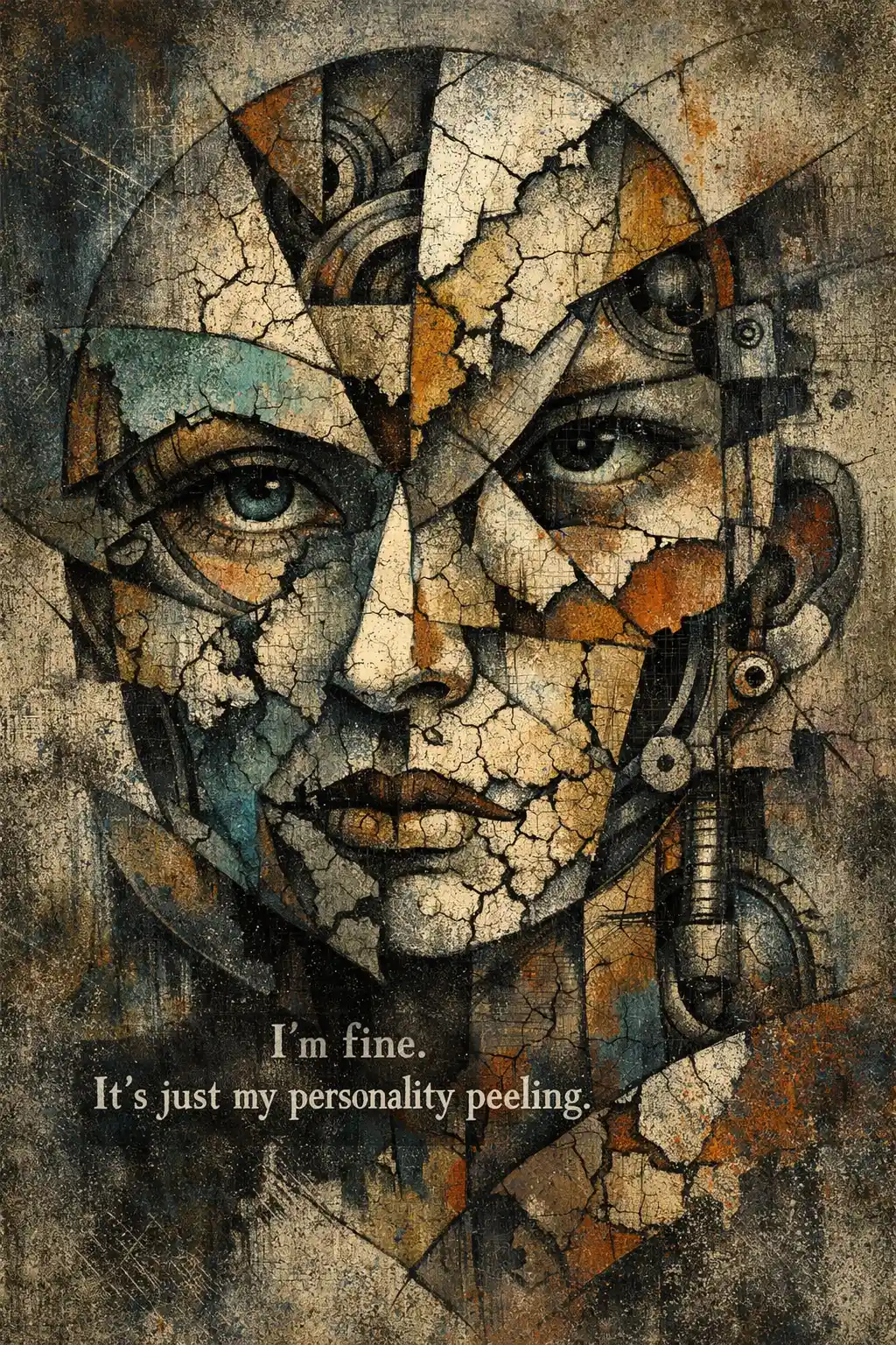 Abstract cracked face with fragmented off center gaze