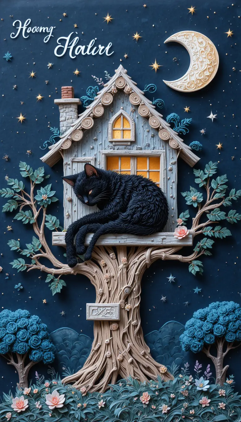 Cute black cartoon cat sleeping in a treehouse at night