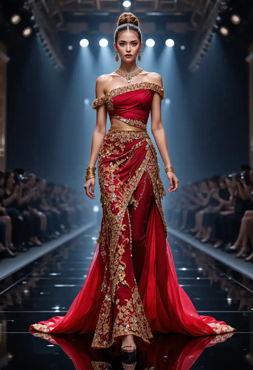 Modelo elegante com vestido de alta-costura carmesim na passarela