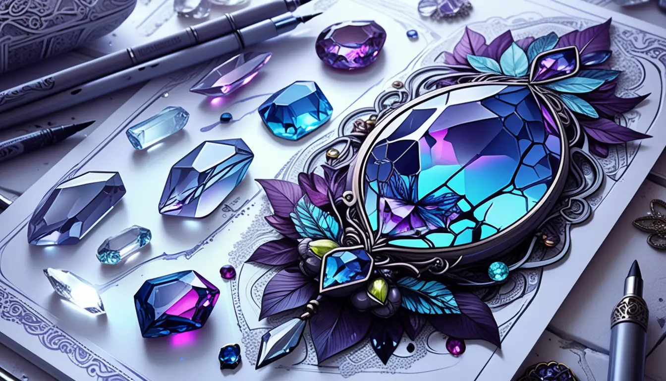 Mystical gemstone jewelry tattoo illustration with neon crystals