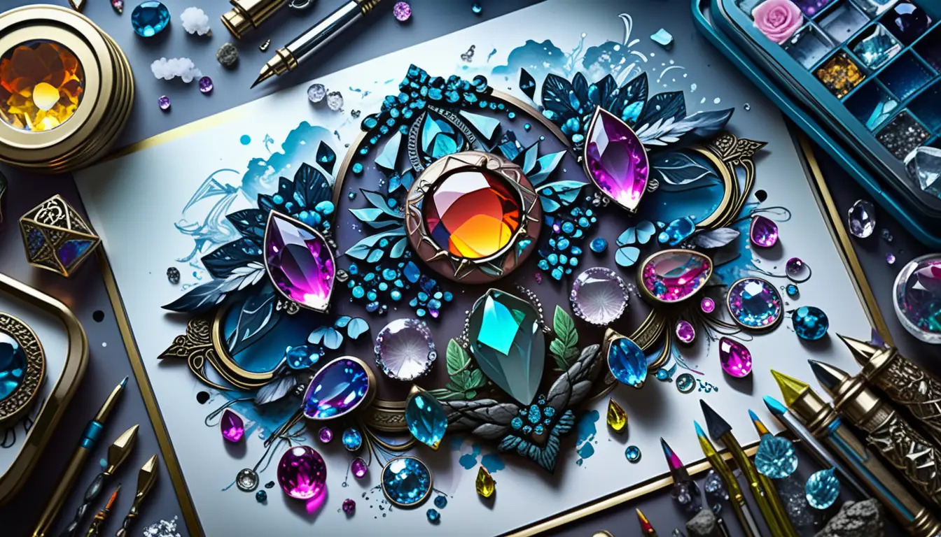 Bohemian goth gemstone tattoo illustration with neon crystals