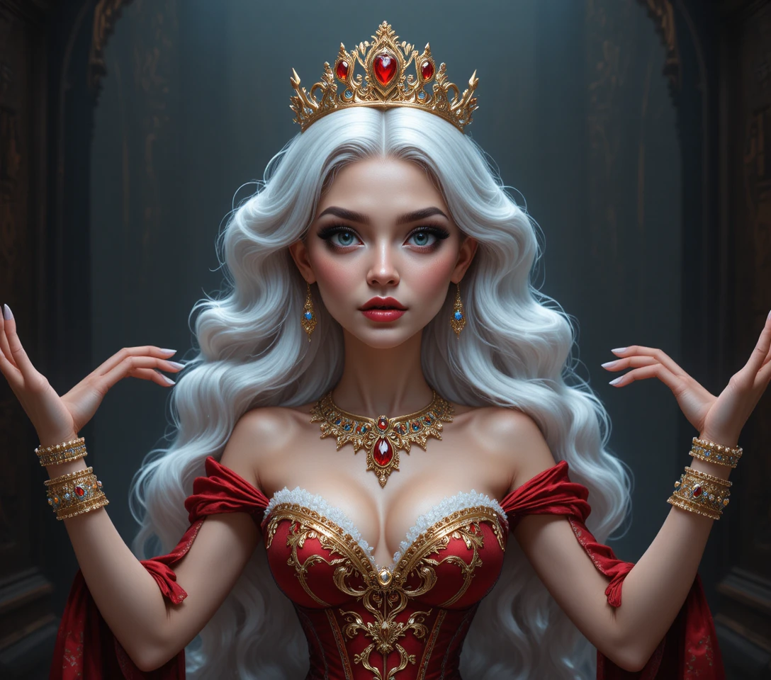 Regal fantasy queen in red gown with silver hair