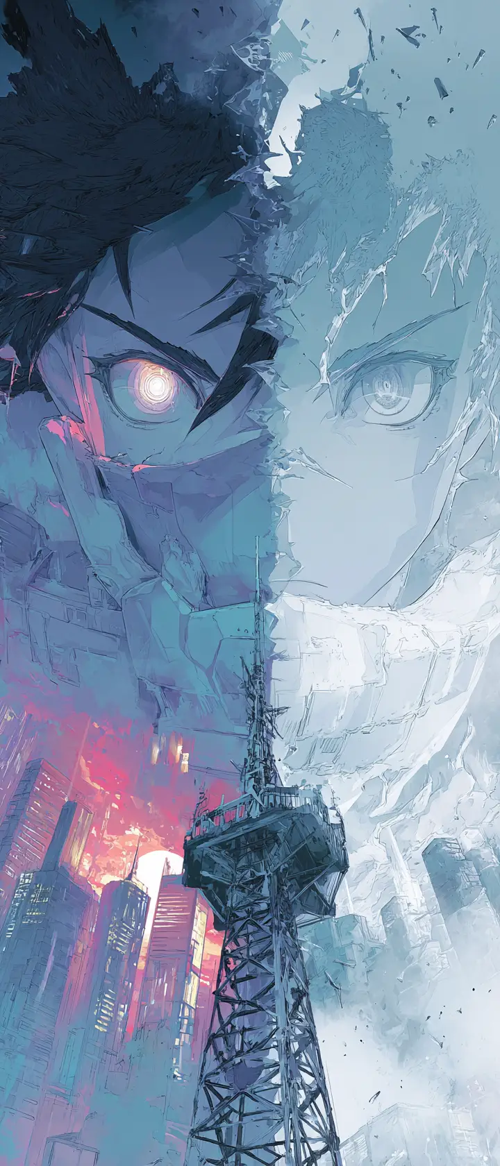 Anime masked rebel on the edge of a corporate tower