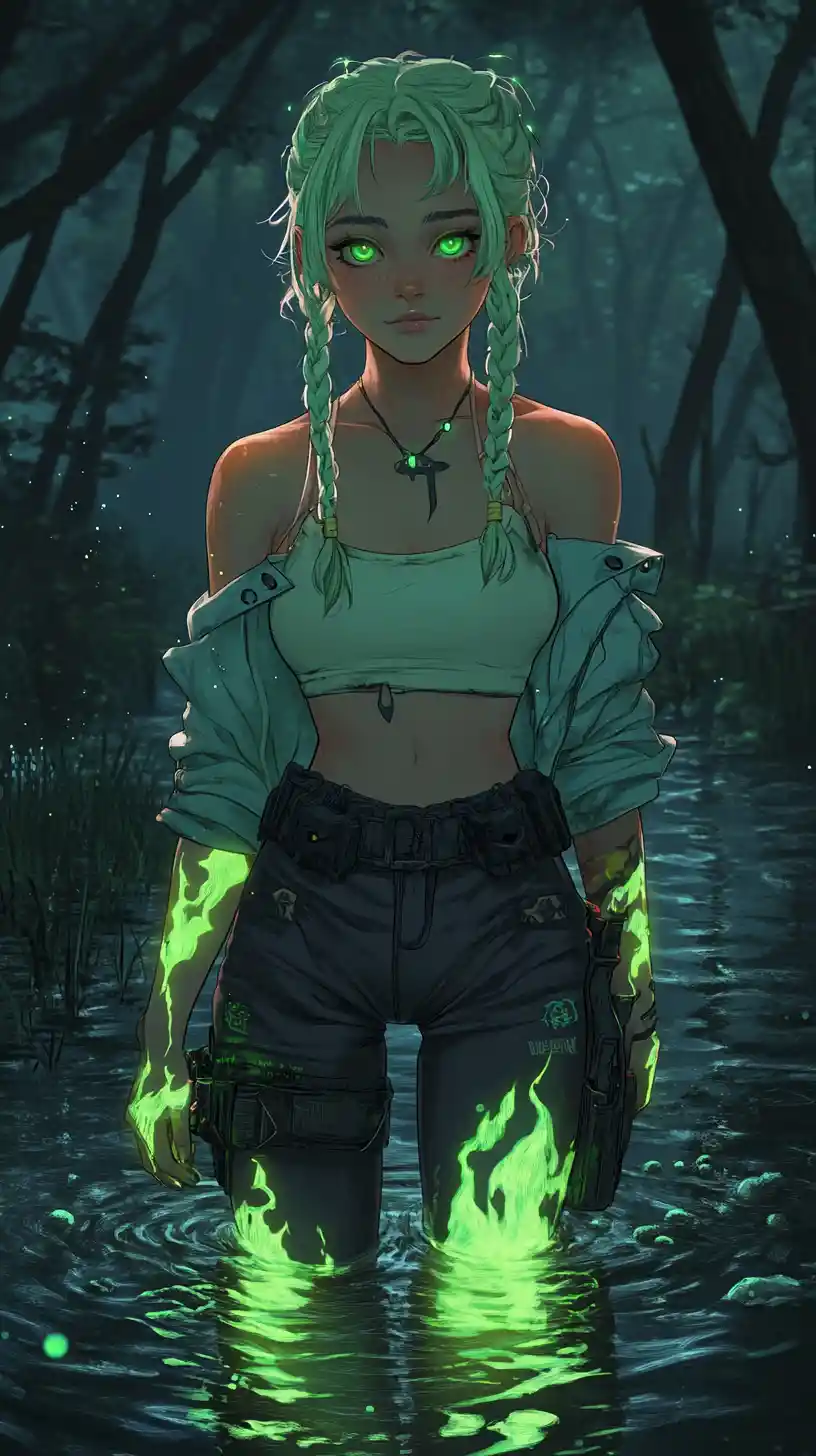 Anime girl standing in a glowing swamp at night