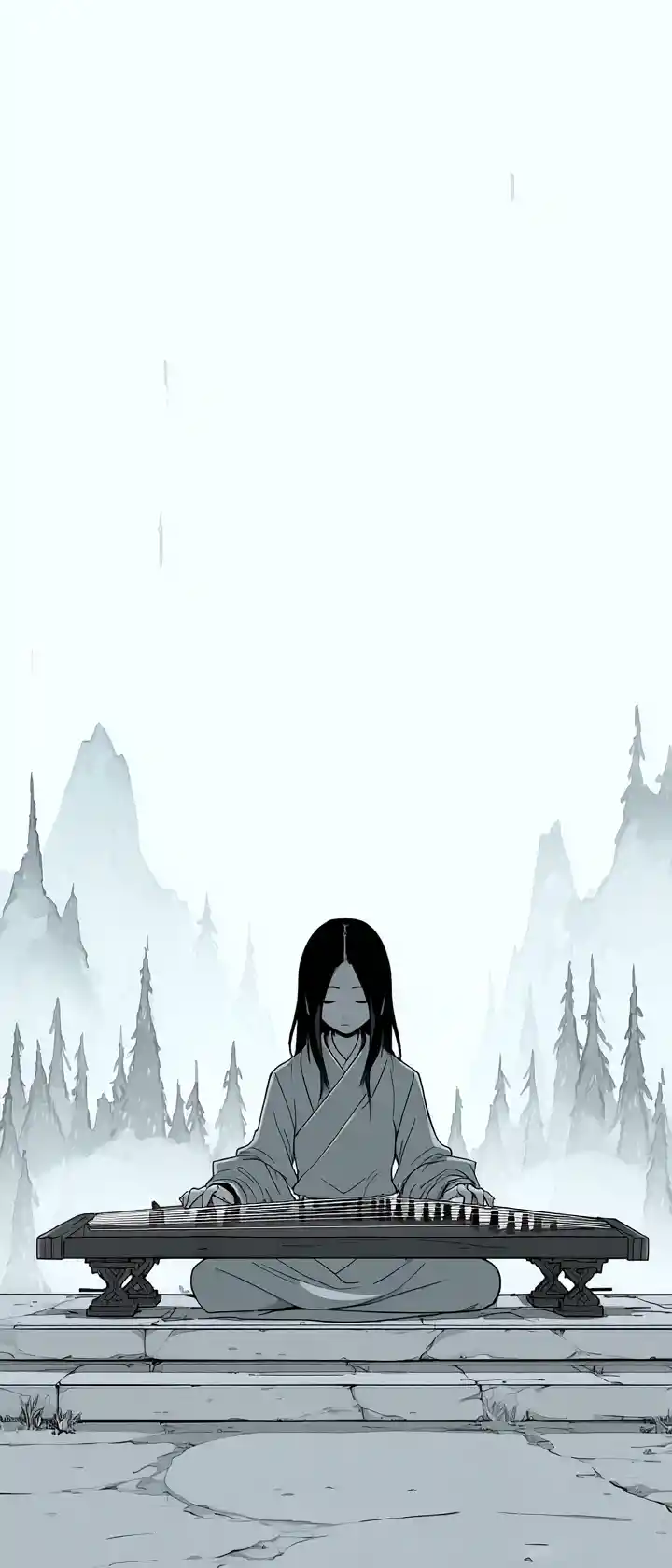 Anime musician playing guqin above a misty chasm