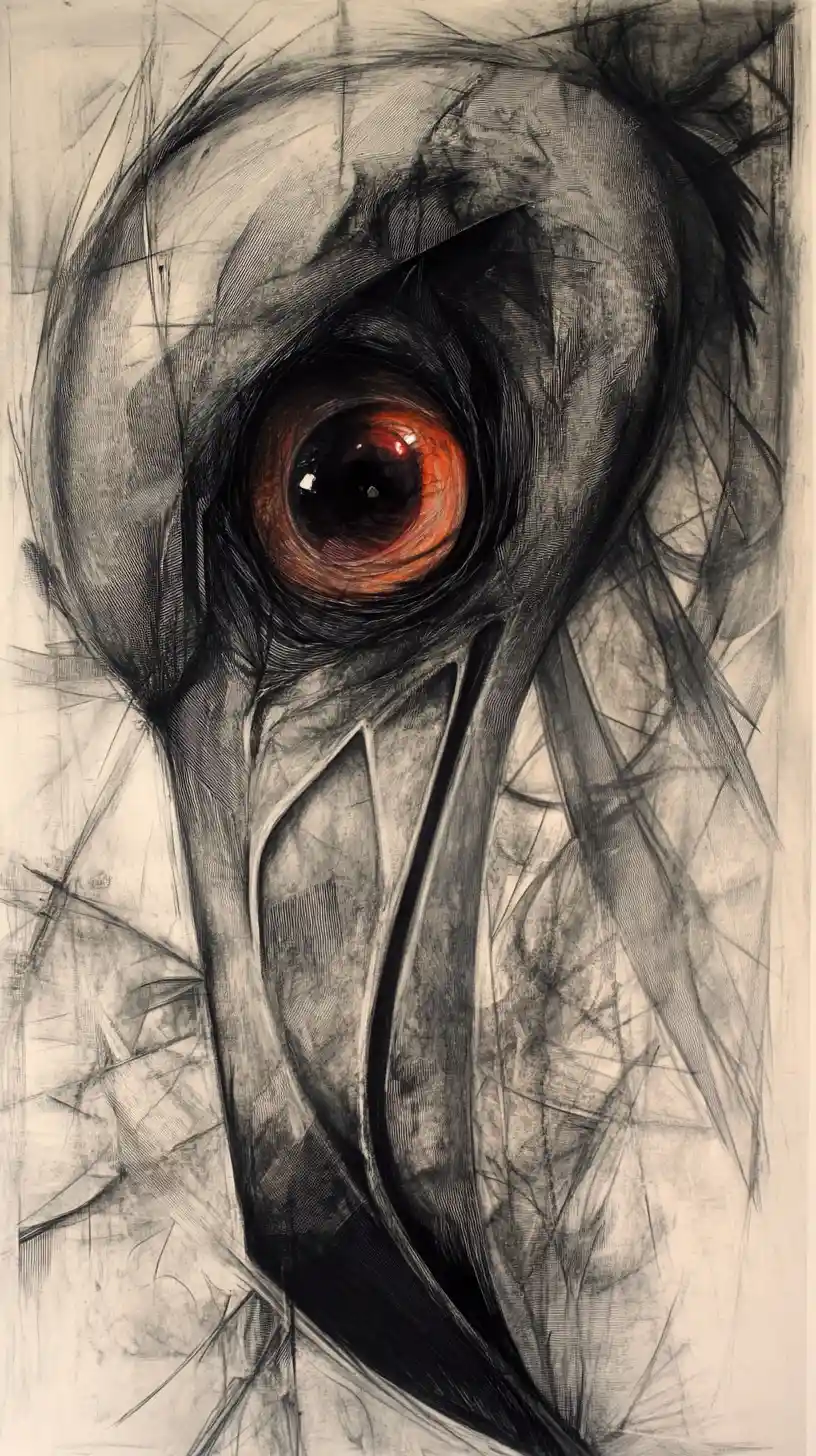 Abstract flamingo with large reflective eyes in mixed media