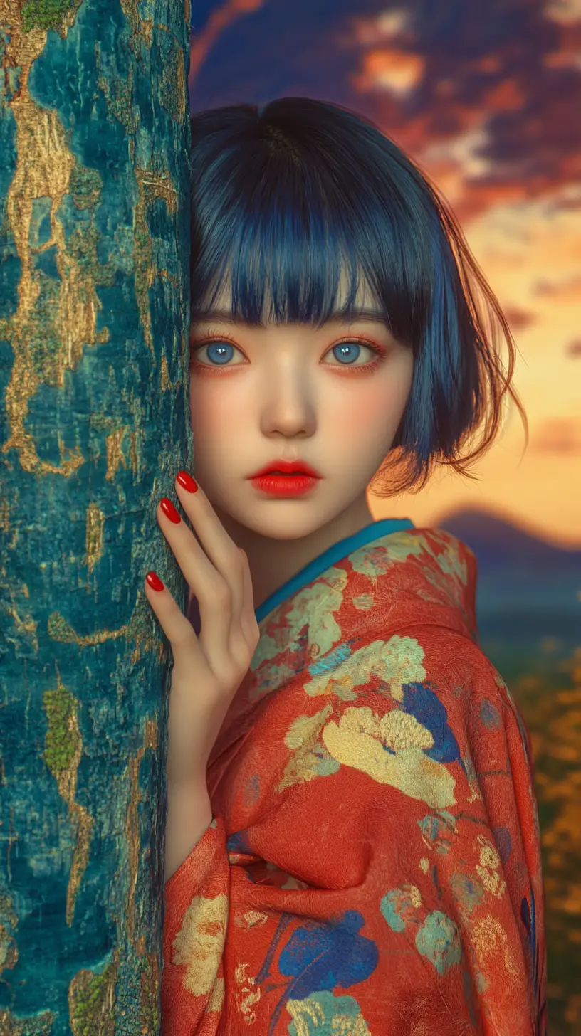 Woman in red kimono hiding behind textured tree